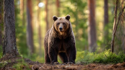 Obraz premium Majestic brown bear portrait serene wildlife gaze soft light filters through ancient forest trees