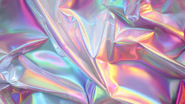 Crumpled holographic foil creates an abstract background. Iridescent surface shimmers with vibrant pastel and neon colors, offering a dynamic, reflective texture.