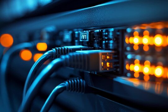 Router y switch de red iluminados en infraestructura tecnol&oacute;gica internet moderna
