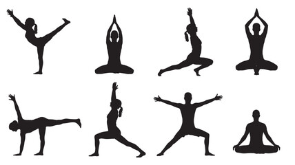Fototapeta premium Set of yoga poses silhouettes various asanas in black vector illustration isolated on white background for fitness and wellness concepts