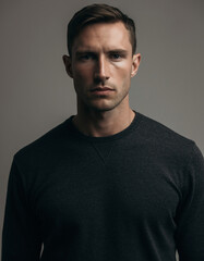 Fototapeta premium Portrait of a serious, handsome man looking directly at the camera, studio shot in a grey background.