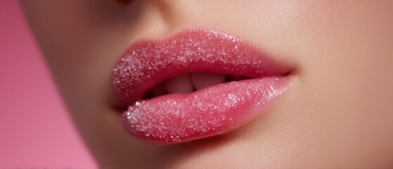 Naklejka premium Close-up of a woman's lips. the lips appear to be full and glossy, with a bright pink color. the texture of the lips is covered in small, glittery particles, giving them a sparkly appearance.
