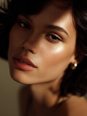 Fototapeta premium Close-up portrait of a young woman's face. she has dark hair that is styled in loose waves and falls over her shoulders. her eyes are closed and her expression is peaceful and serene.