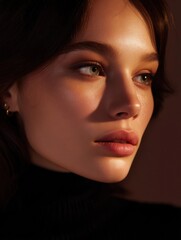 Close-up portrait of a young woman's face. she has dark hair that is styled in loose waves and falls over her shoulders. her eyes are a deep green color and her eyebrows are perfectly groomed.