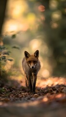 Naklejka premium Autumn fox portrait serene wildlife scene golden light forest leaves peaceful nature photography tranquil woodland beauty