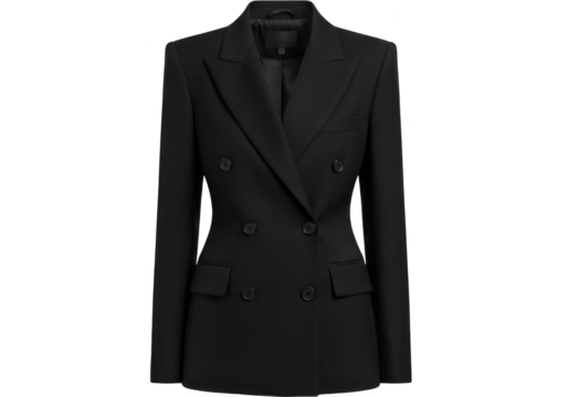 Sleek black double-breasted women's blazer, a symbol of professional elegance and modern fashion style