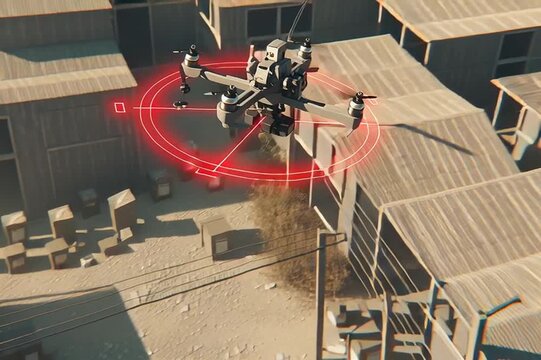 Soldado t&aacute;ctico avanzando por calle urbana bajo vigilancia de dron militar avanzado, concepto de guerra moderna y tecnolog&iacute;a de defensa