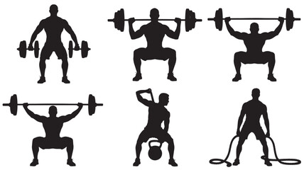 Silhouette set of weightlifting poses vector illustration of athletes performing various exercises isolated on white background