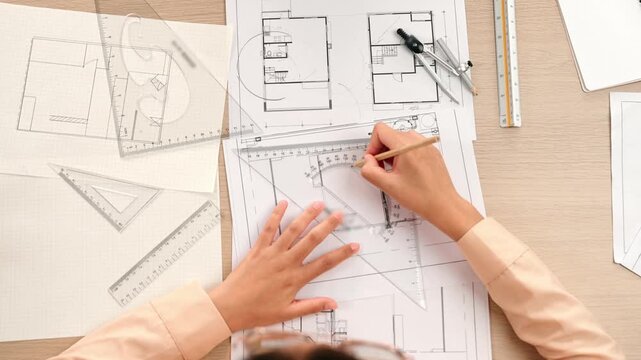 Video of clever architect or smart engineer using measurement tool and wooden pencil hand writing a detail on blueprint for construction accuracy at architectural office. Focus on hand. Delineation.