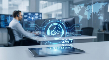 Digital icon representing 24/7 technical support and global customer service management