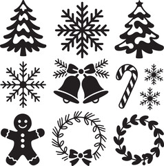 Black and white Christmas icons with trees snowflakes bells and candy