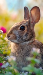 Fototapeta premium Gentle rabbit portrait amidst wildflowers bathed in warm sunlight a peaceful wildlife moment
