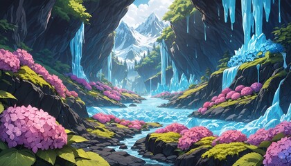 magical forest with pink flowers, waterfalls, and snow capped mountains