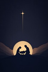 Dark atmospheric silhouette illustration of Nativity scene with Mary, Joseph and baby Jesus in manger, set against large, glowing full moon and under bright Star of Bethlehem