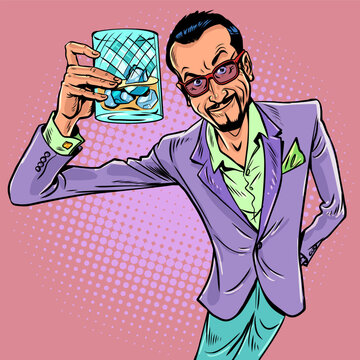Pop Art Retro Businessman holding a glass of whiskey. Gesture of showing success. Rich luxury man raising a toast.