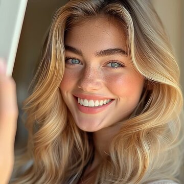 mujer joven rubia con ojos azules sonriendo, concepto de felicidad, frescura y belleza natural