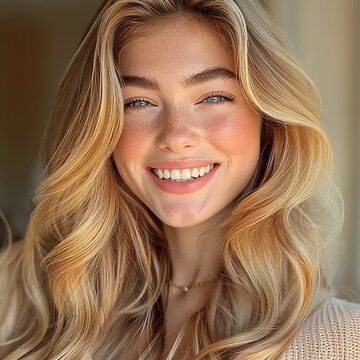 mujer joven rubia con ojos azules sonriendo, concepto de felicidad, frescura y belleza natural