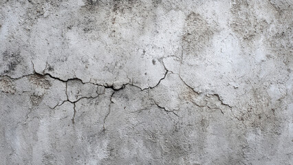 A weathered concrete wall displays a prominent network of dark cracks, showcasing a textured, aged, and distressed gray surface.