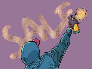 Pop Art Retro A man in a cap and a sweater sprays a can of paint. The appearance of advantageous offers, discounts and promotions, sales. Advertising of small prices for customers.