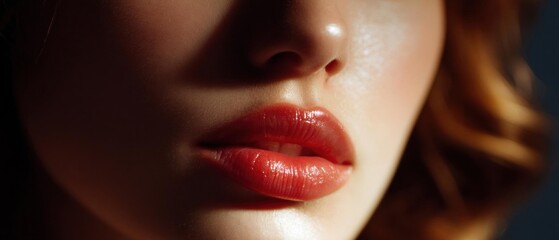 Close-up of a woman's lips and nose. the focus is on her lips, which are painted with a glossy red lipstick. the lips appear to be full and well-groomed, with a slight smile on her face.