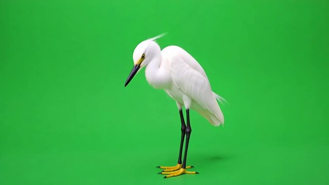 Elegant snowy egret standing gracefully against vibrant green backdrop in a seamless video background with fluid motion for captivating visual storytelling