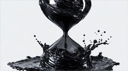 Black liquid flows and creates a striking hourglass shape, with droplets splashing around it against a simple white backdrop, highlighting fluid motion and contrast.