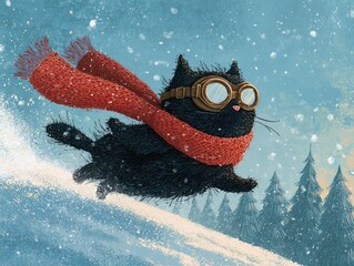 A playful black cat wearing goggles and a scarf, skiing through a snowy forest, creating a fun and adventurous winter scene