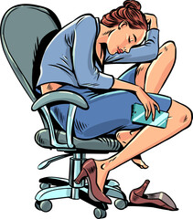 Pop Art Retro A woman sleeps on a chair in the office. Overtime at work leads to sleepiness. The company employee is resting.