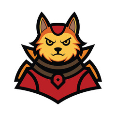 Angry cartoon fox or wolf mascot character in red armor with fierce stare