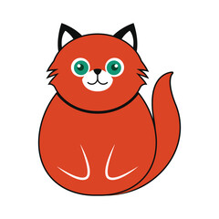 Cute fluffy orange cat cartoon illustration with big green eyes on white