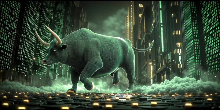 mercado alcista con silueta de toro e indicadores financieros, crecimiento econ&oacute;mico y &eacute;xito en inversiones de bolsa