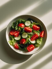 Close-up of a bowl of salad. the bowl is white and round, and it is placed on a light-colored surface.