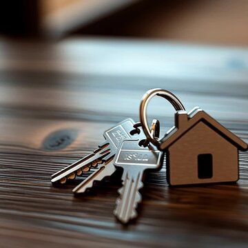 llaves de casa con llavero de madera en forma de hogar, concepto de sector inmobiliario y propiedad de vivienda