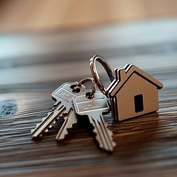 llaves de casa con llavero de madera en forma de hogar, concepto de sector inmobiliario y propiedad de vivienda