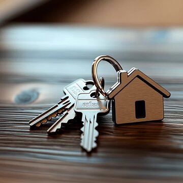 llaves de casa con llavero de madera en forma de hogar, concepto de sector inmobiliario y propiedad de vivienda
