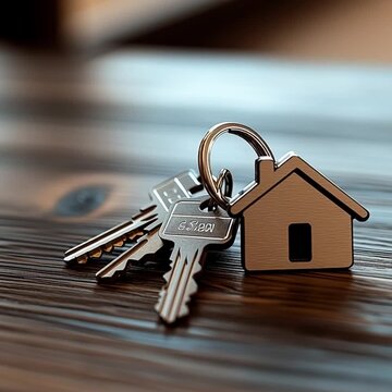 llaves de casa con llavero de madera en forma de hogar, concepto de sector inmobiliario y propiedad de vivienda