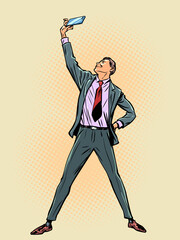 Pop Art Retro A man in a suit takes a photo of himself. Achieving success in business. Career growth and finding motivation.