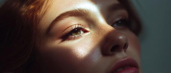 Close-up portrait of a young woman's face. she has blonde hair and is looking off to the side with a serious expression.
