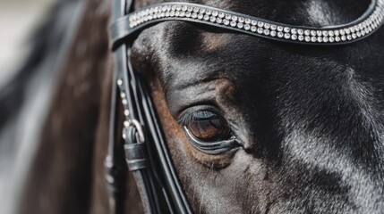 A majestic horse is captured in detail, focusing on its expressive eye and the glimmering bridle. The setting is peaceful, highlighting the bond between horse and handler in a calm outdoor space.