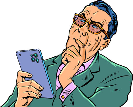 Pop Art Retro Businessman thought with phone in hand. News feed in social networks. Convenient application for thoughts.
