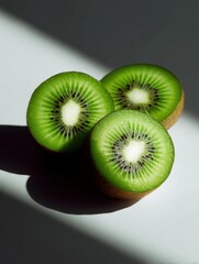 Three slices of a kiwi fruit on a white surface. the slices are arranged in a triangular formation, with the largest slice in the center and two smaller slices on either side.