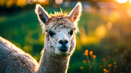Naklejka premium Cute alpaca standing outdoors in sunlight with soft background 