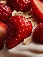 Close-up of a group of fresh strawberries and raspberries. the strawberries are bright red in color and have small white spots on their skin.