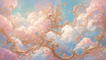ornate golden floral design against pastel sky with fluffy clouds and butterflies