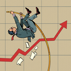 Pop Art Retro The businessman and the charts are soaring. The business analyst makes a successful forecast. The company's shares are on the rise.