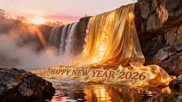 2026 New Year Golden Silk Waterfall  Render – Glowing Fabric Falls, “Happy New Year 2026” Embroidered, Sunrise Prosperity Scene, New Year Template, New year Poster 2026, Happy New year 2026
