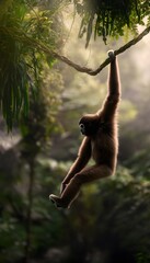 Obraz premium Graceful gibbon portrait captures peaceful jungle serenity a calming nature wallpaper visual