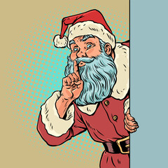 Pop Art Retro Santa Claus gives the be quiet sign. New Year s sales, promotions, and discounts. Santa Claus s secrets and the New Year s spirit.