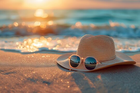 A sun hat rests on soft sand as the sun sets over the ocean. Nearby, stylish sunglasses reflect the colorful sky. Waves gently wash ashore in a peaceful beach setting - Powered by Adobe