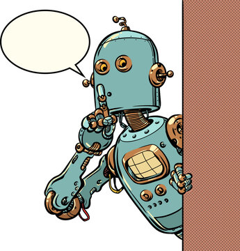Pop Art Retro A robot shows a sign to be quiet. Secrets of AI and personal data theft. Business automation technologies.